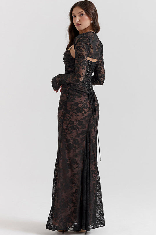 Woman wearing elegant lace maxi dress