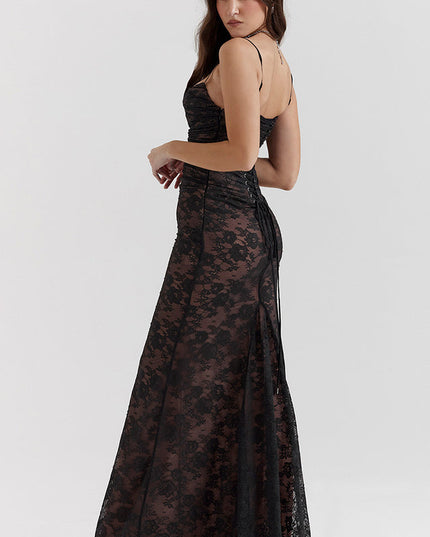 Woman wearing elegant lace maxi dress