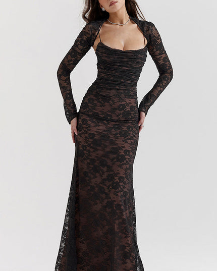 Woman wearing elegant lace maxi dress
