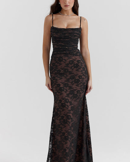 Woman wearing elegant lace maxi dress