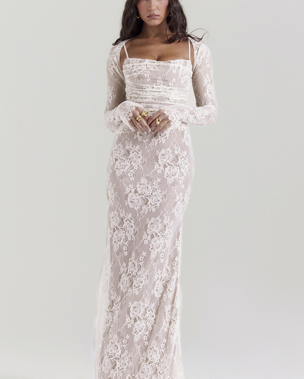 Woman wearing elegant lace maxi dress