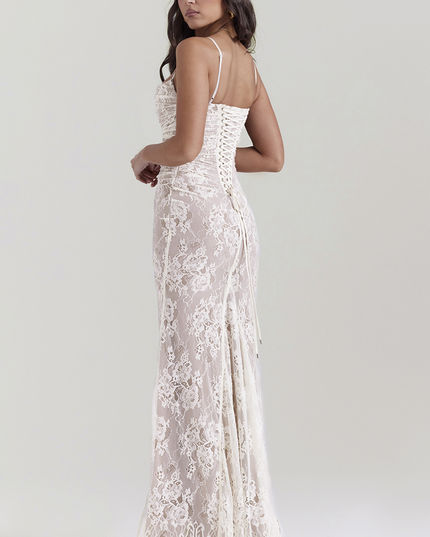 Woman wearing elegant lace maxi dress