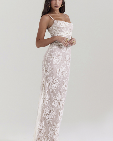 Woman wearing elegant lace maxi dress