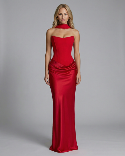 Woman wearing black satin corset maxi dress
