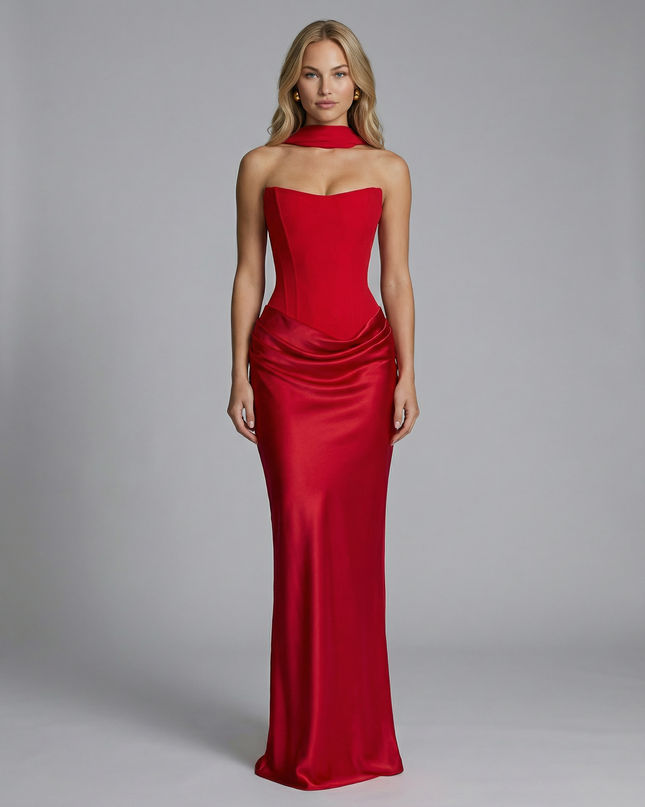 Woman wearing black satin corset maxi dress