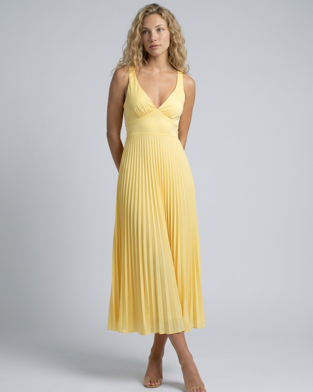 Woman wearing pleated maxi dress