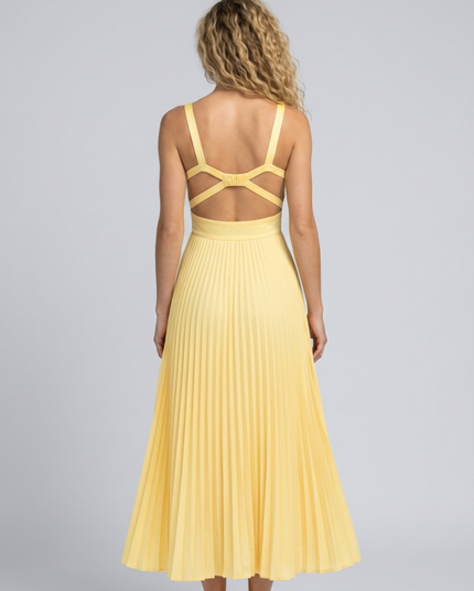 Woman wearing pleated maxi dress