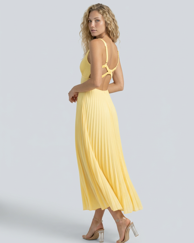 Woman wearing pleated maxi dress
