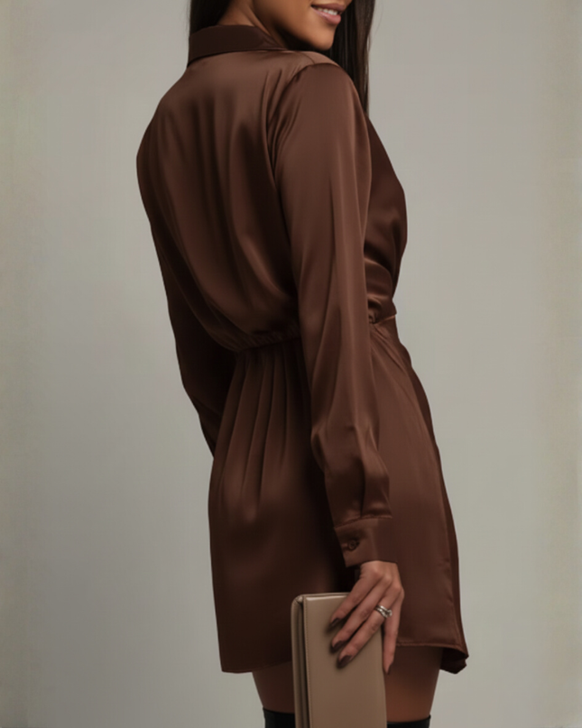Woman wearing satin wrap mini dress