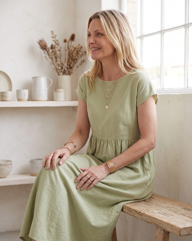 Woman wearing effortless linen midi dress