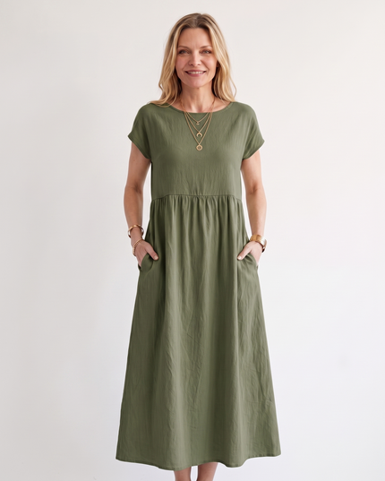 Woman wearing effortless linen midi dress