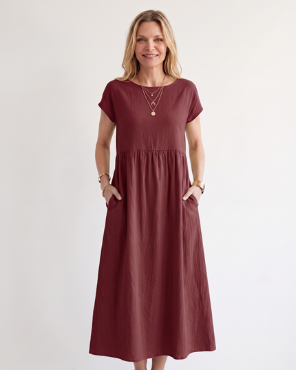 Woman wearing effortless linen midi dress