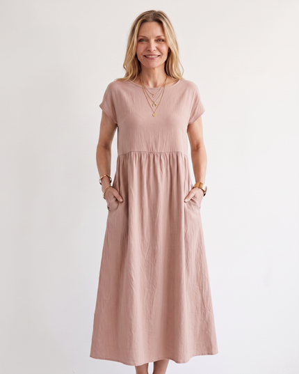 Woman wearing effortless linen midi dress