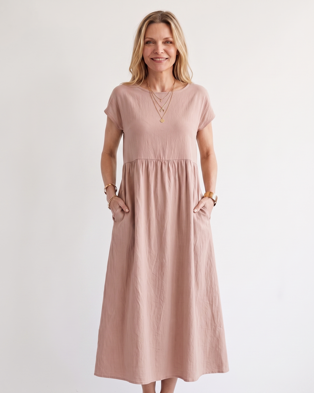 Woman wearing effortless linen midi dress