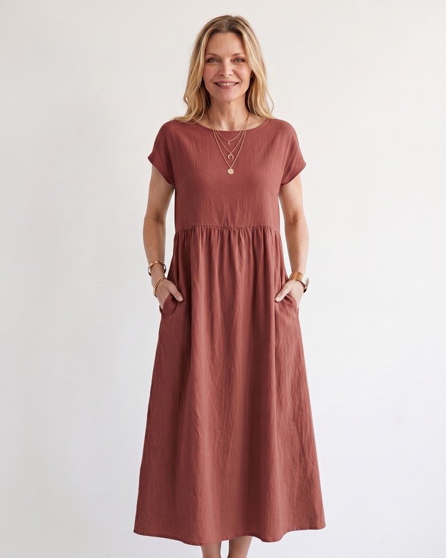 Woman wearing effortless linen midi dress