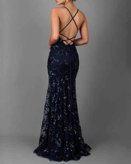 Woman wearing sequin mermaid maxi dress