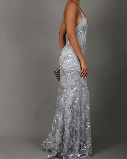 Woman wearing sequin mermaid maxi dress
