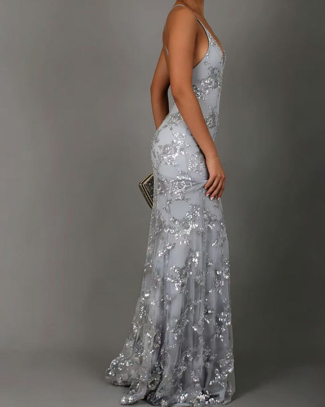 Woman wearing sequin mermaid maxi dress