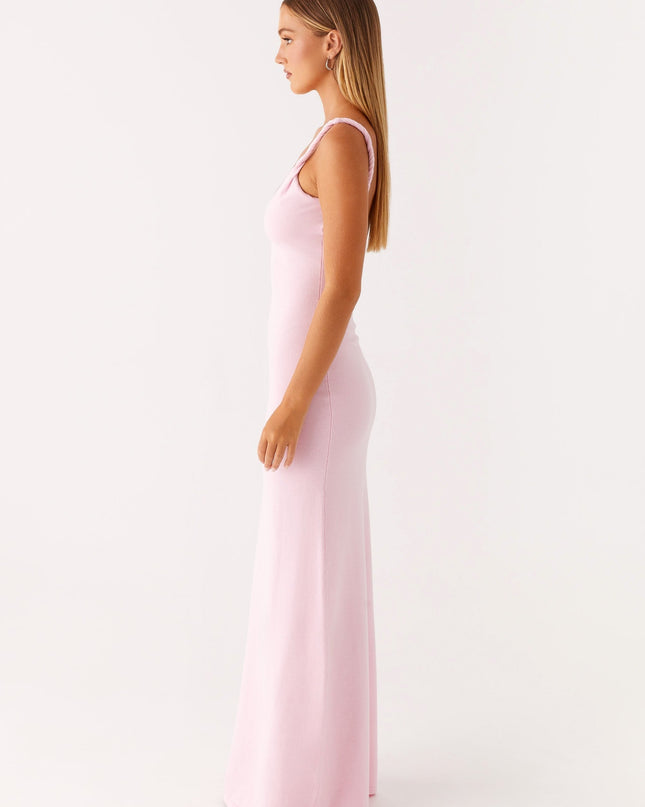 Woman wearing soft blue maxi dress
