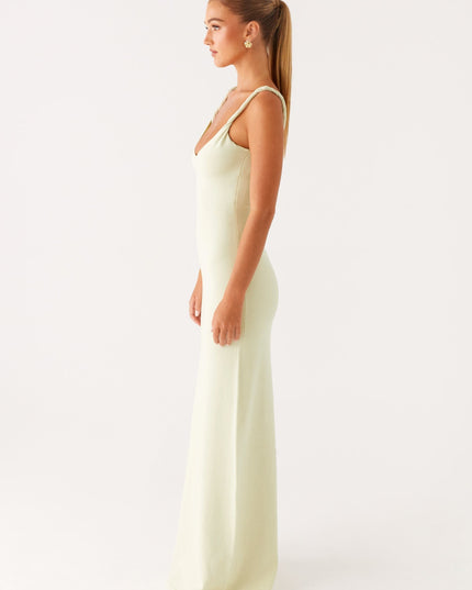 Woman wearing soft blue maxi dress