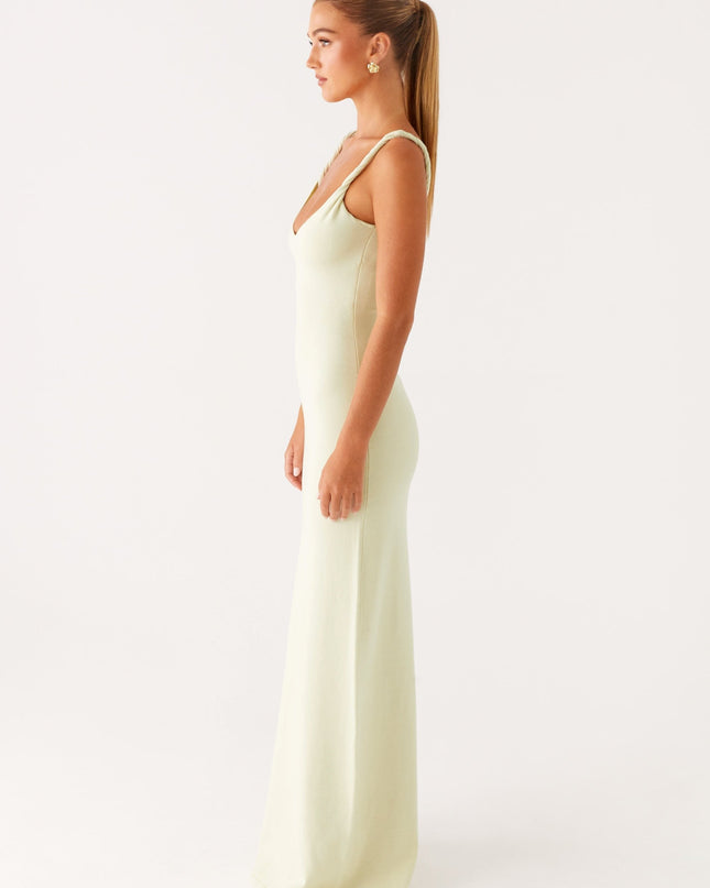Woman wearing soft blue maxi dress
