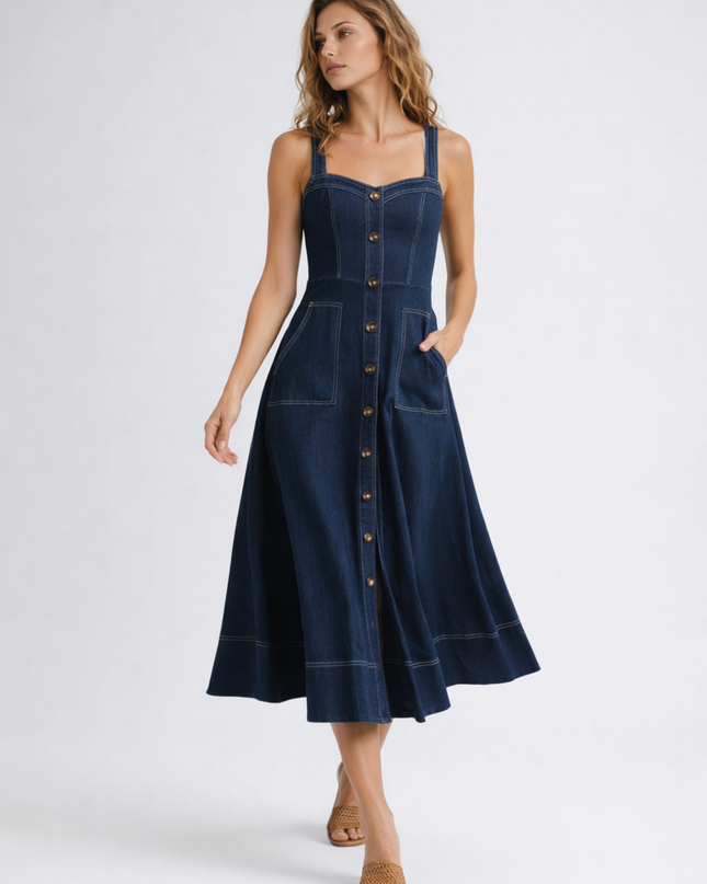 Woman wearing denim midi dress