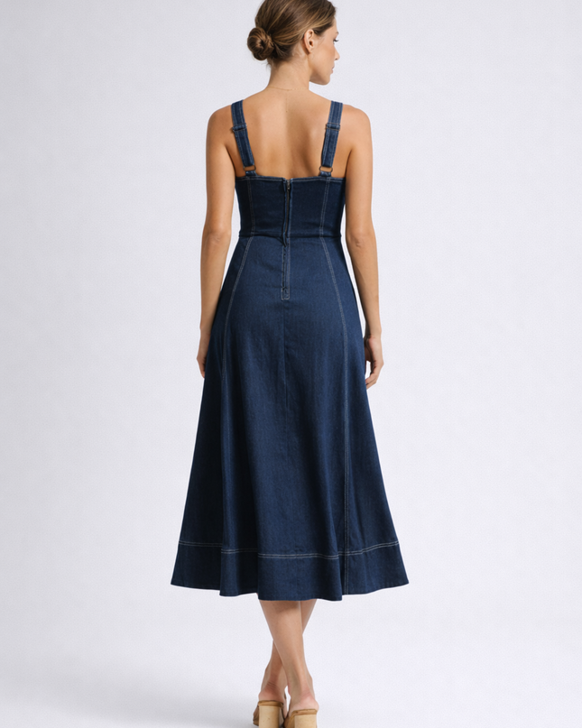 Woman wearing denim midi dress