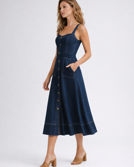 Woman wearing denim midi dress