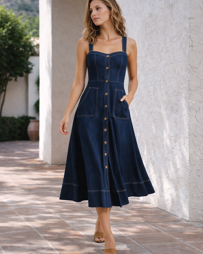 Woman wearing denim midi dress
