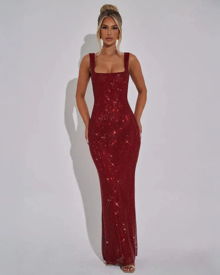 Woman wearing red sequin maxi dress