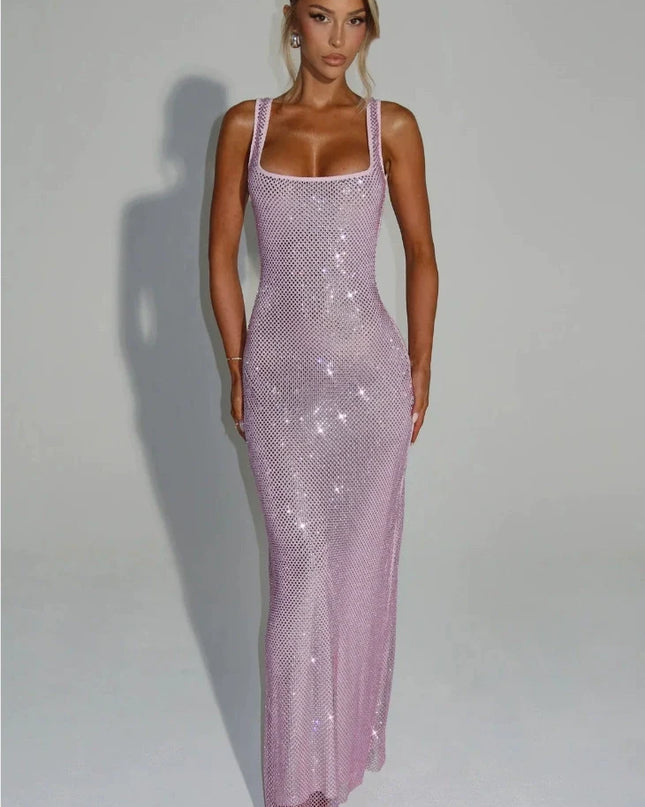 Woman wearing red sequin maxi dress