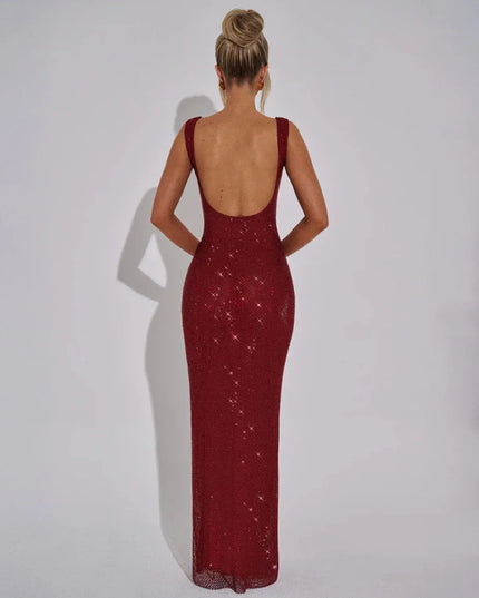 Woman wearing red sequin maxi dress