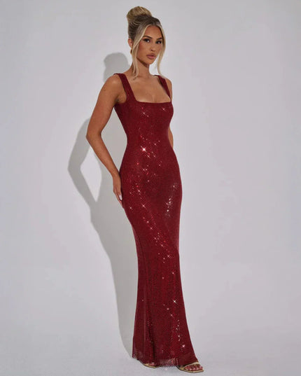 Woman wearing red sequin maxi dress