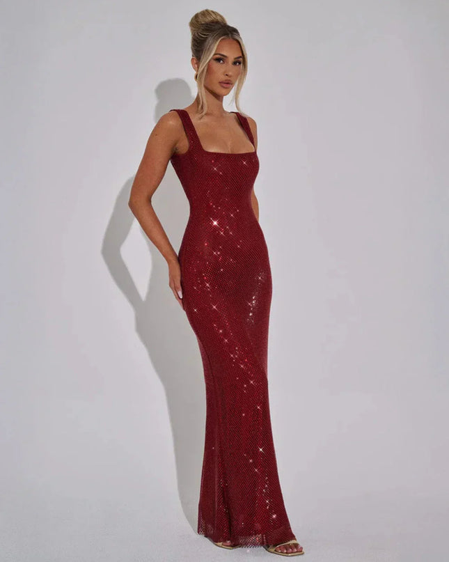 Woman wearing red sequin maxi dress