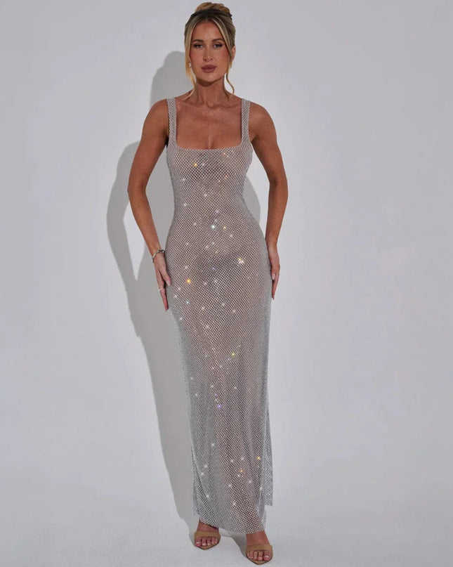 Woman wearing red sequin maxi dress