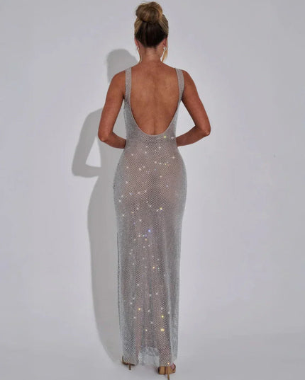 Woman wearing red sequin maxi dress