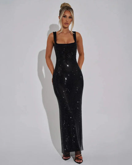 Woman wearing red sequin maxi dress