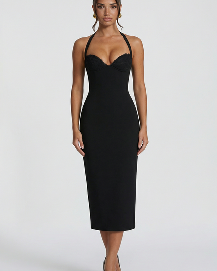 Woman wearing elegant halter midi dress