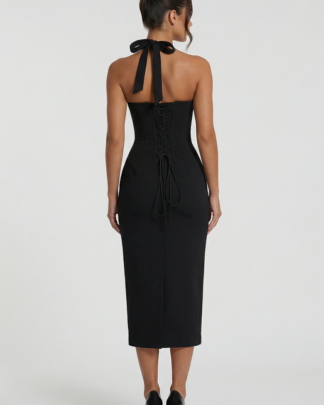Woman wearing elegant halter midi dress