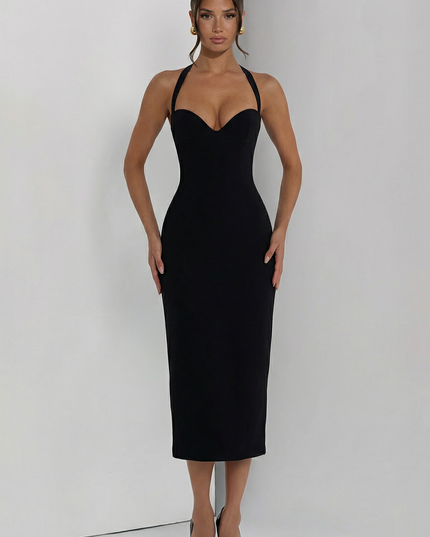 Woman wearing elegant halter midi dress