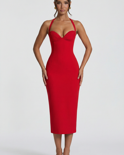 Woman wearing elegant halter midi dress