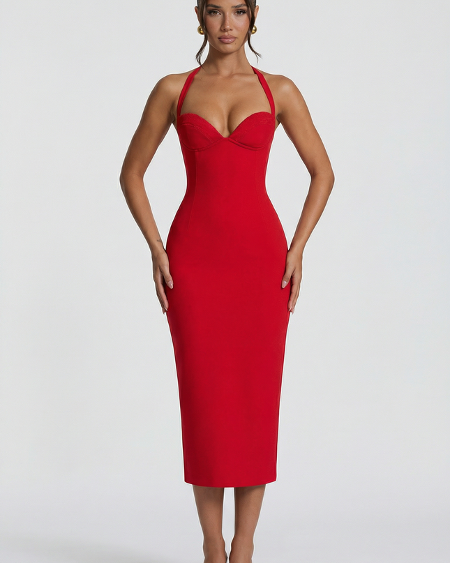 Woman wearing elegant halter midi dress
