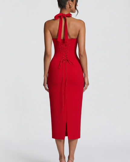 Woman wearing elegant halter midi dress