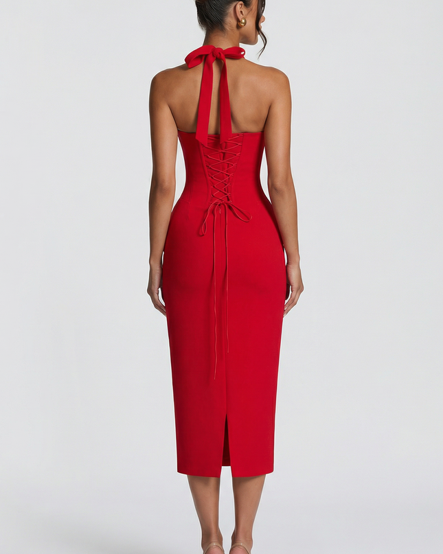 Woman wearing elegant halter midi dress