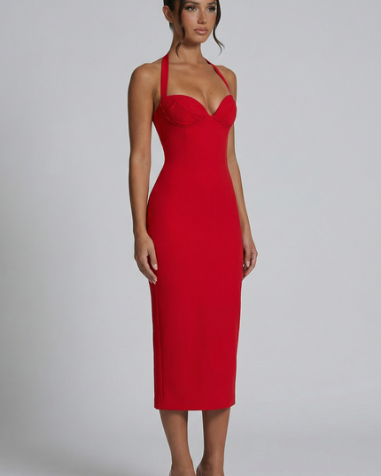 Woman wearing elegant halter midi dress