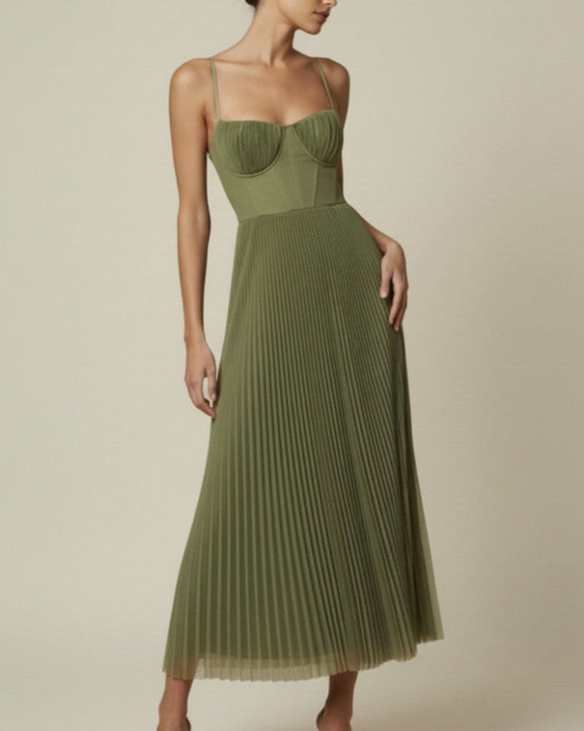 Woman wearing pleated midi dress