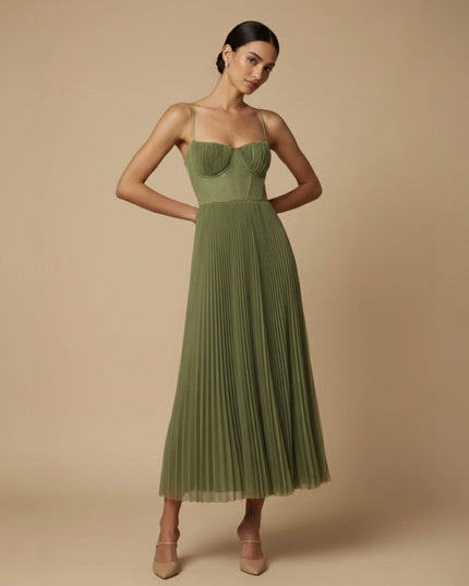 Woman wearing pleated midi dress