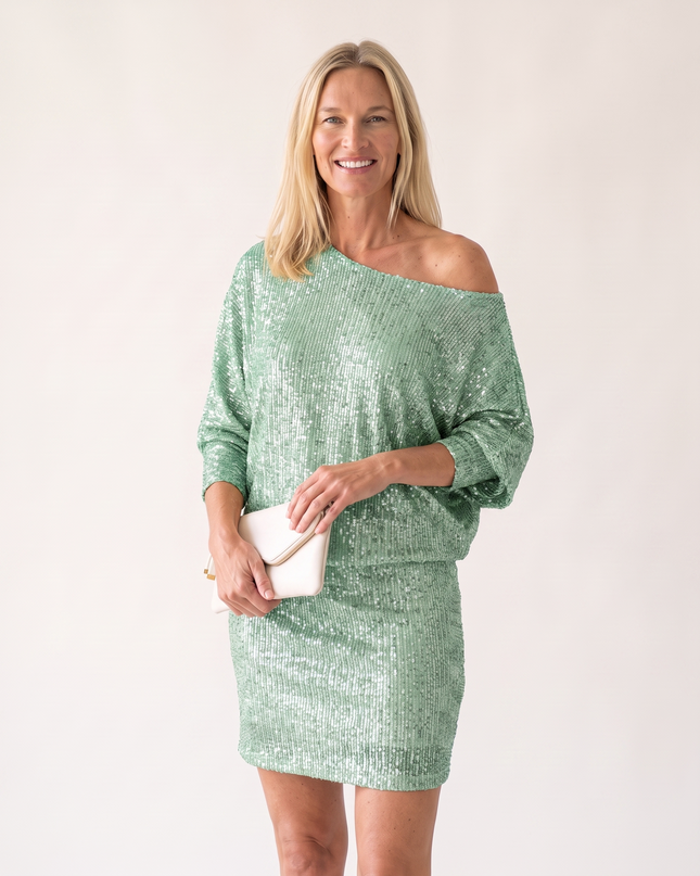Woman wearing adalyn sequin party dress with radiant glamour