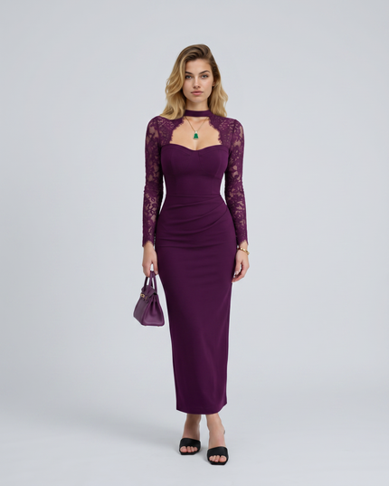 Woman wearing lace sleeve evening maxi dress