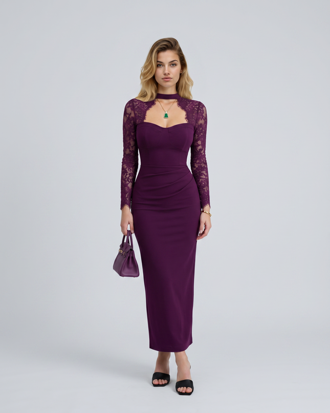 Woman wearing lace sleeve evening maxi dress
